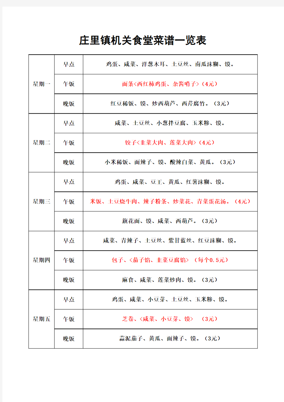 机关食堂菜谱一览表