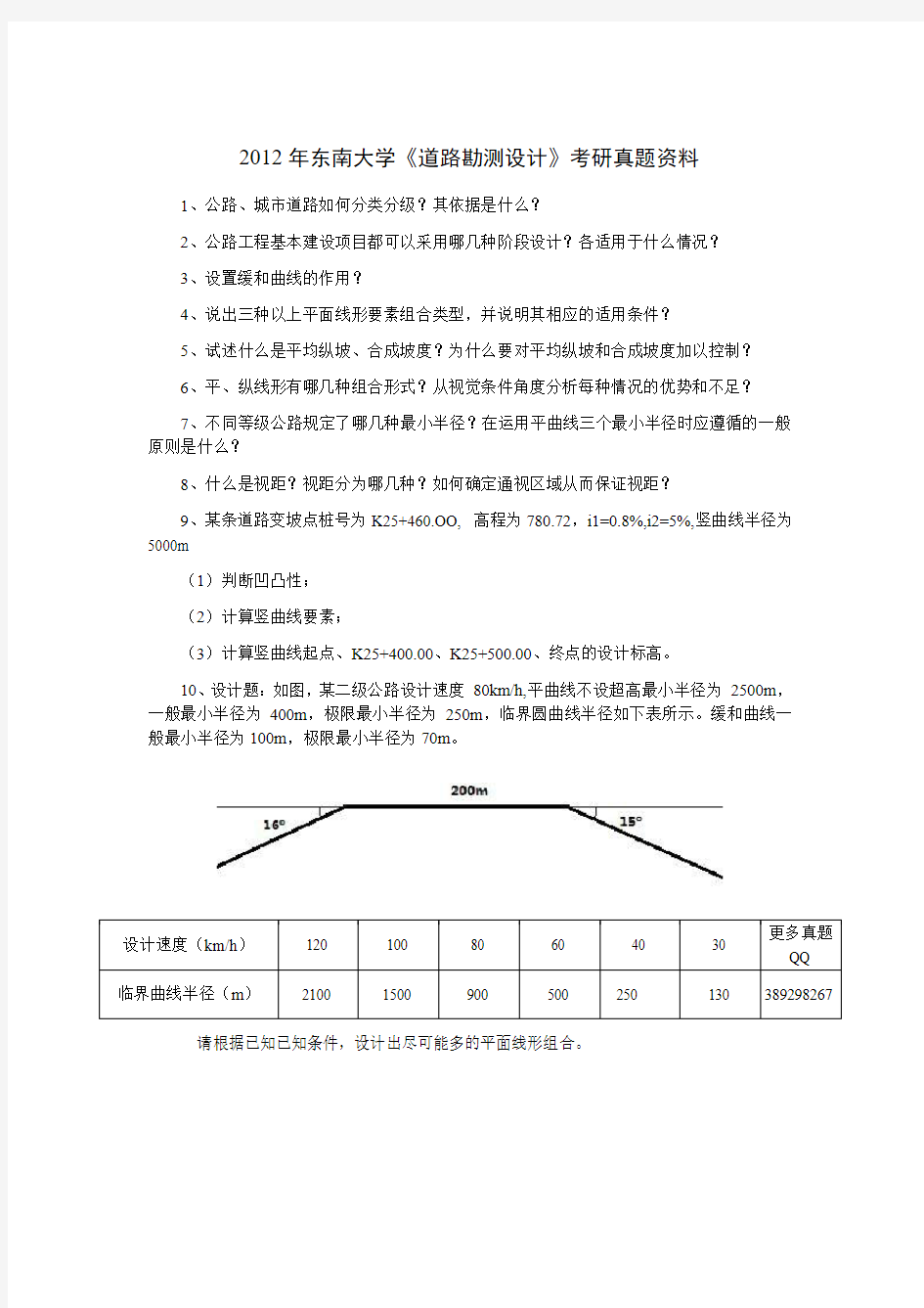 2016年东南大学《道路勘测设计》考研真题