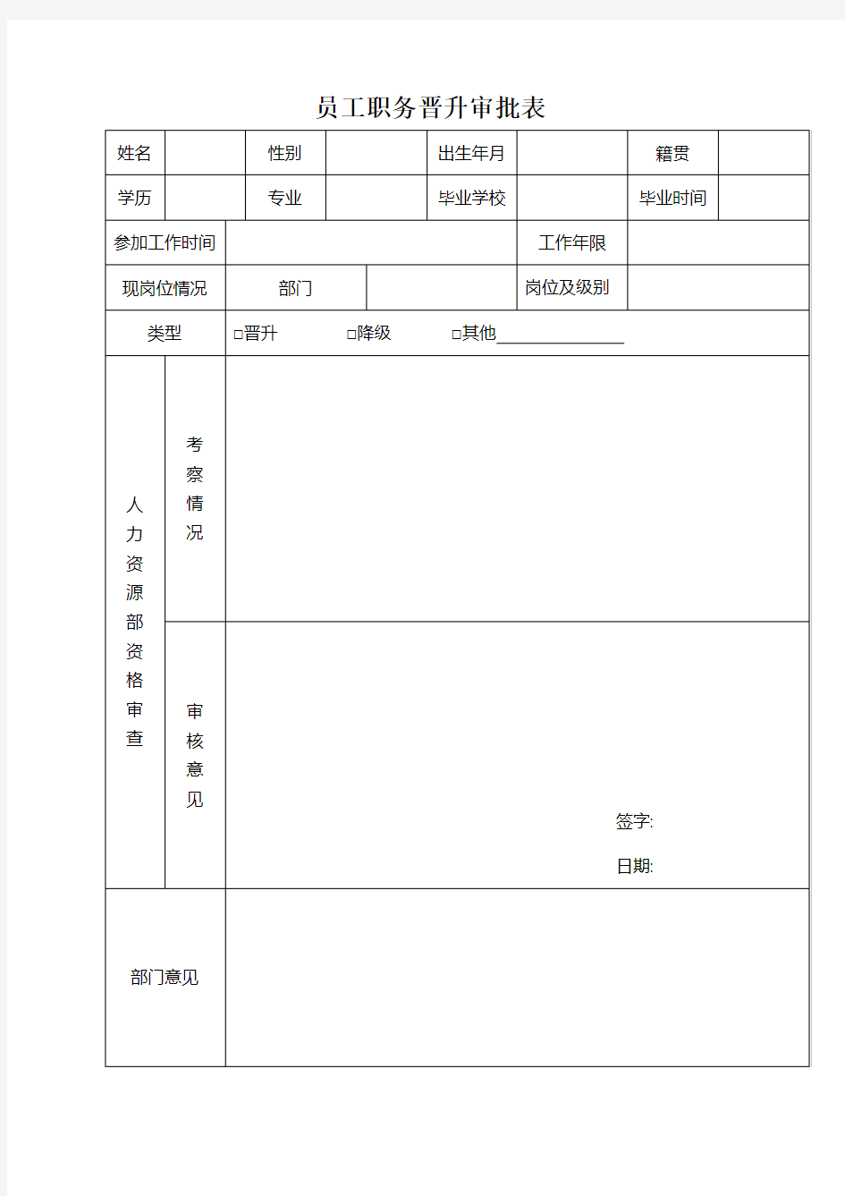 员工职务晋升审批表