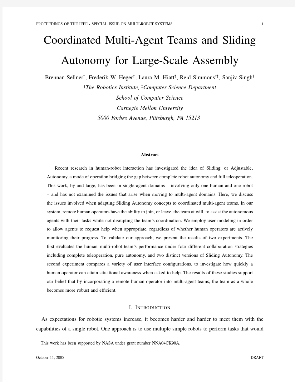 Coordinated multi-agent teams and sliding autonomy for large-scale assembly