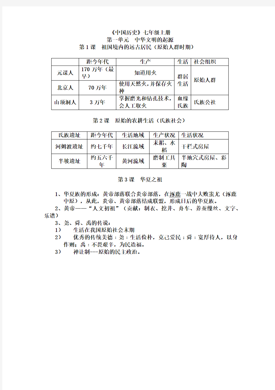 人教版七年级历史第一单元知识点总结