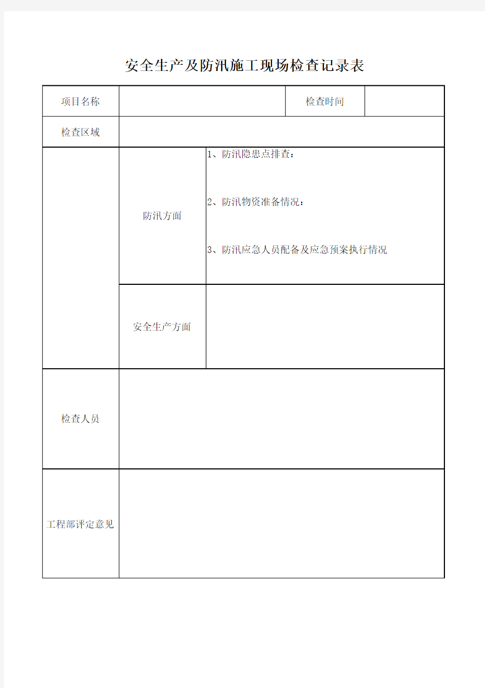 安全生产及防汛施工现场检查记录表