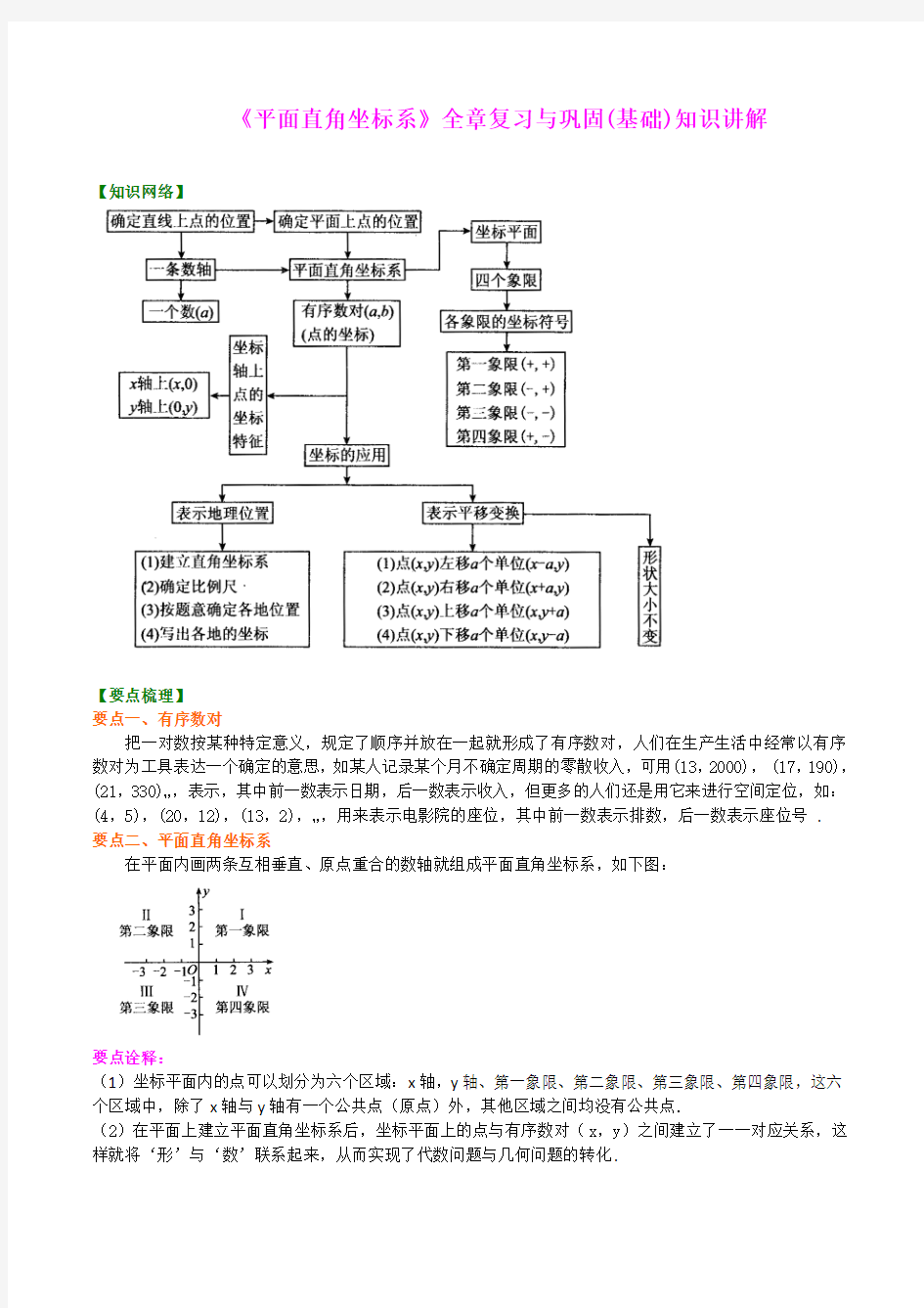 《平面直角坐标系》全章复习与巩固(基础)知识讲解