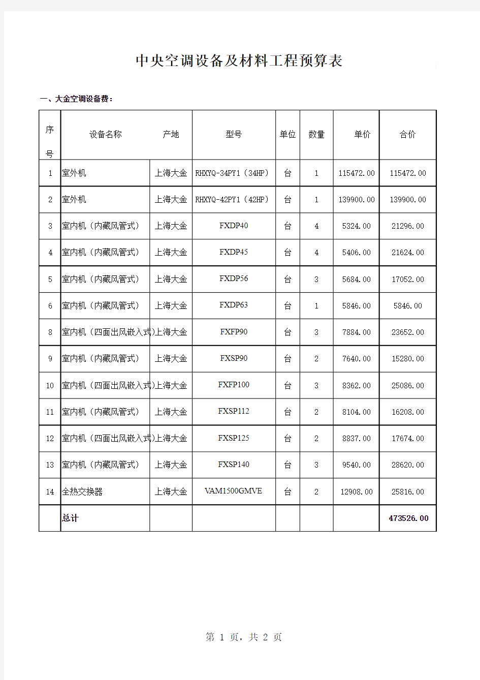 上海大金VRV空调设备价格表