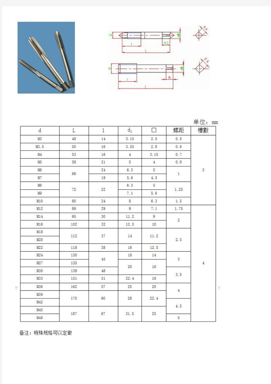 公制粗牙丝锥尺寸表