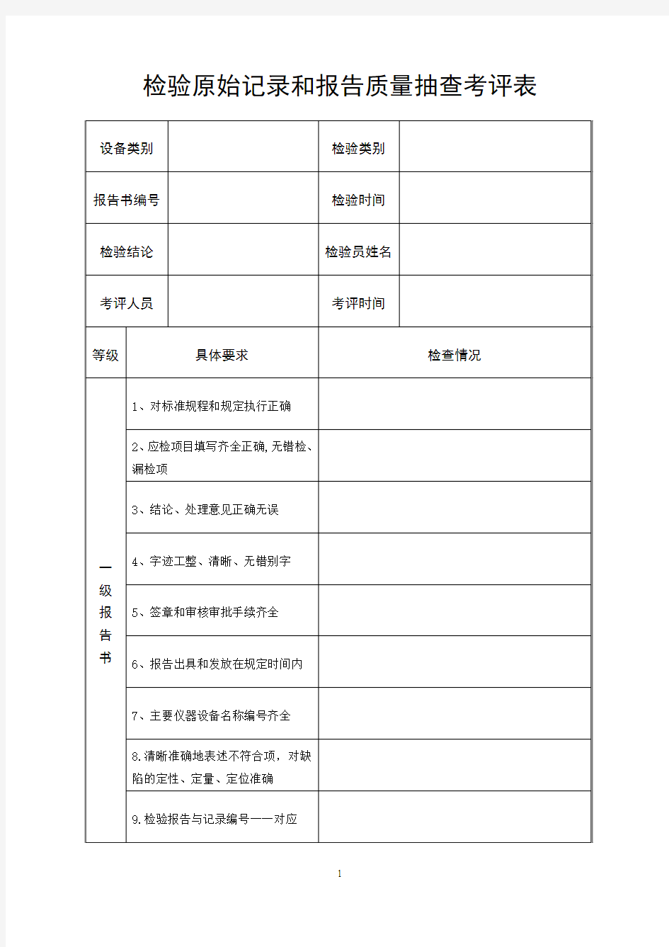 检验原始记录和报告质量抽查考评表