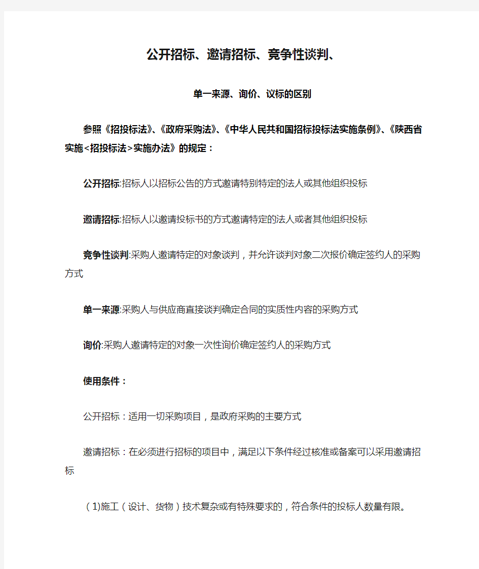 公开招标、邀请招标、竞争性谈判、单一来源、询价、议标的区别