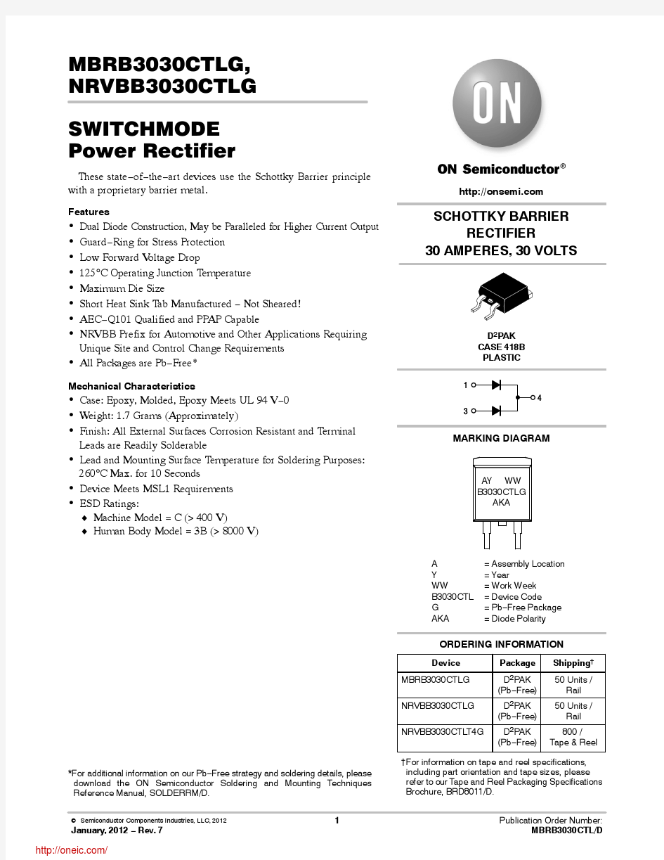 MBRB3030CTLG;MBRB3030CTL;中文规格书,Datasheet资料