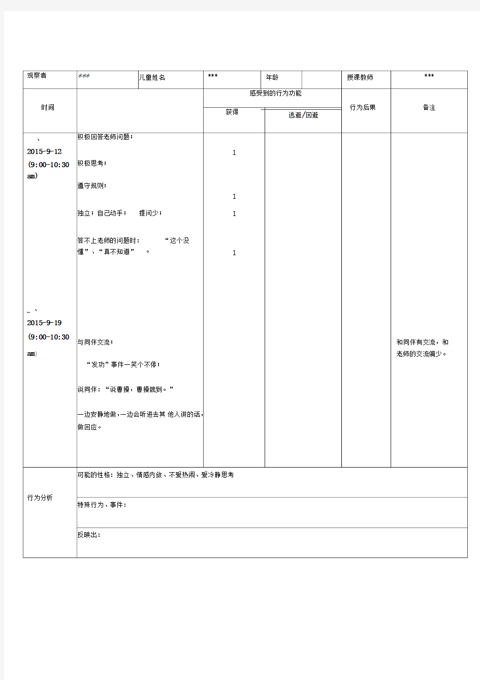 儿童行为观察记录表