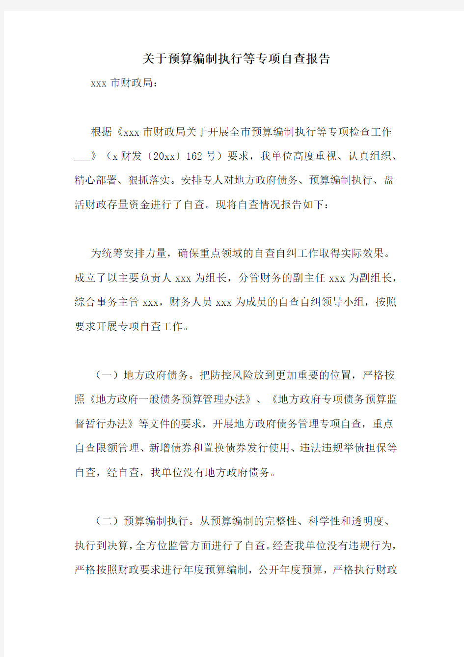 关于预算编制执行等专项自查报告