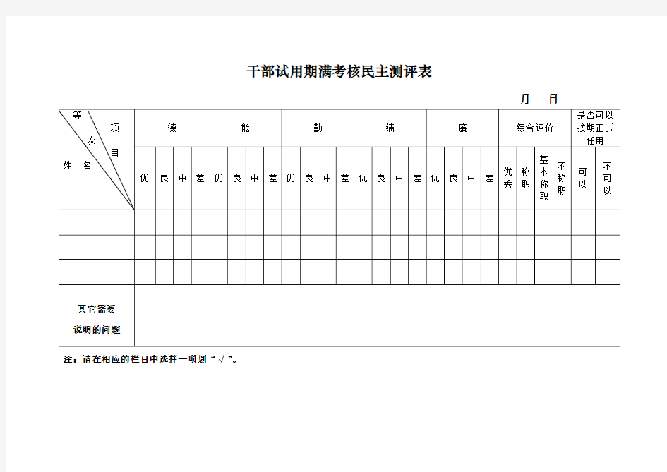 干部试用期满考核民主测评表