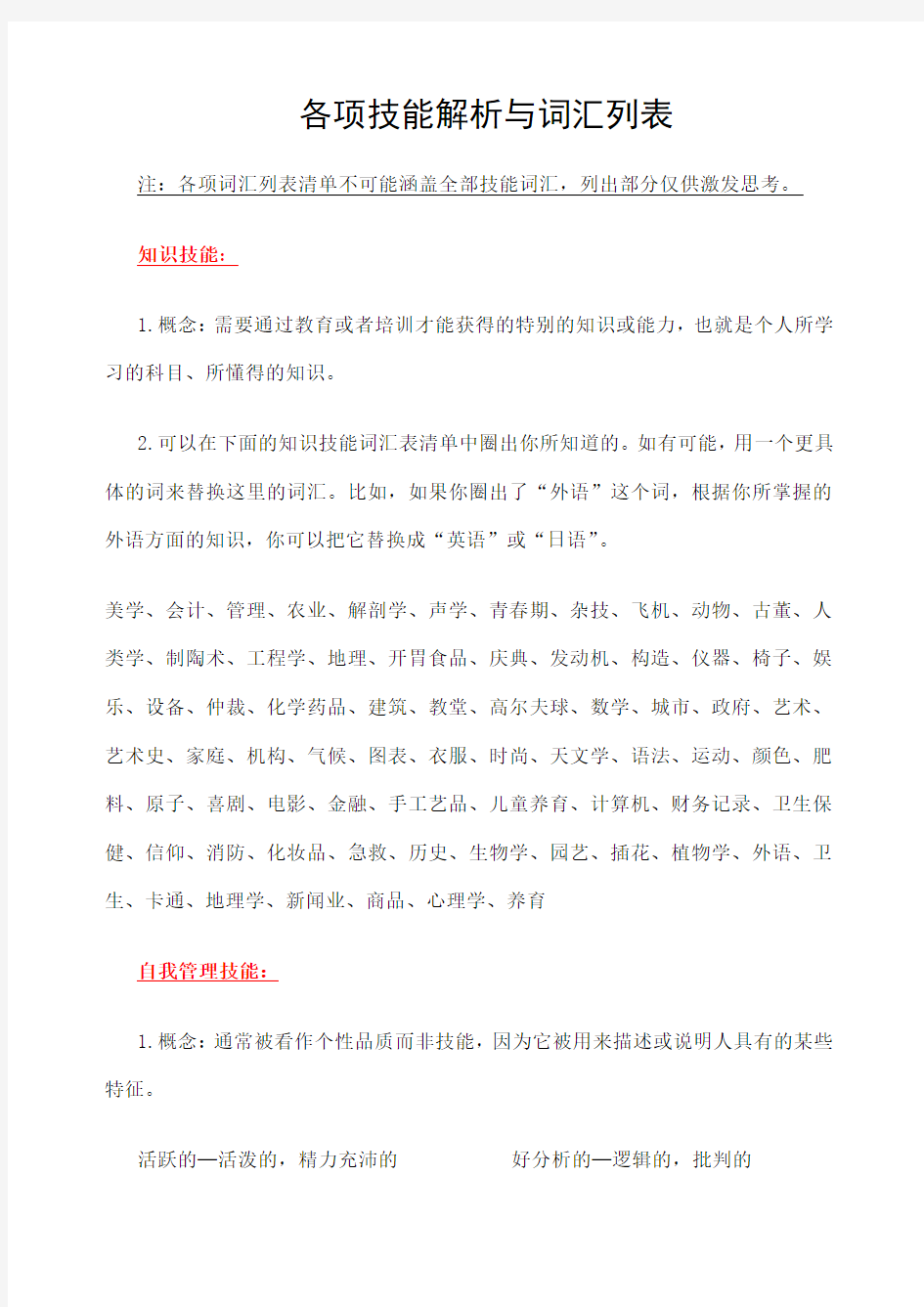 技能词汇列表—专业知识可迁移自我管理技能