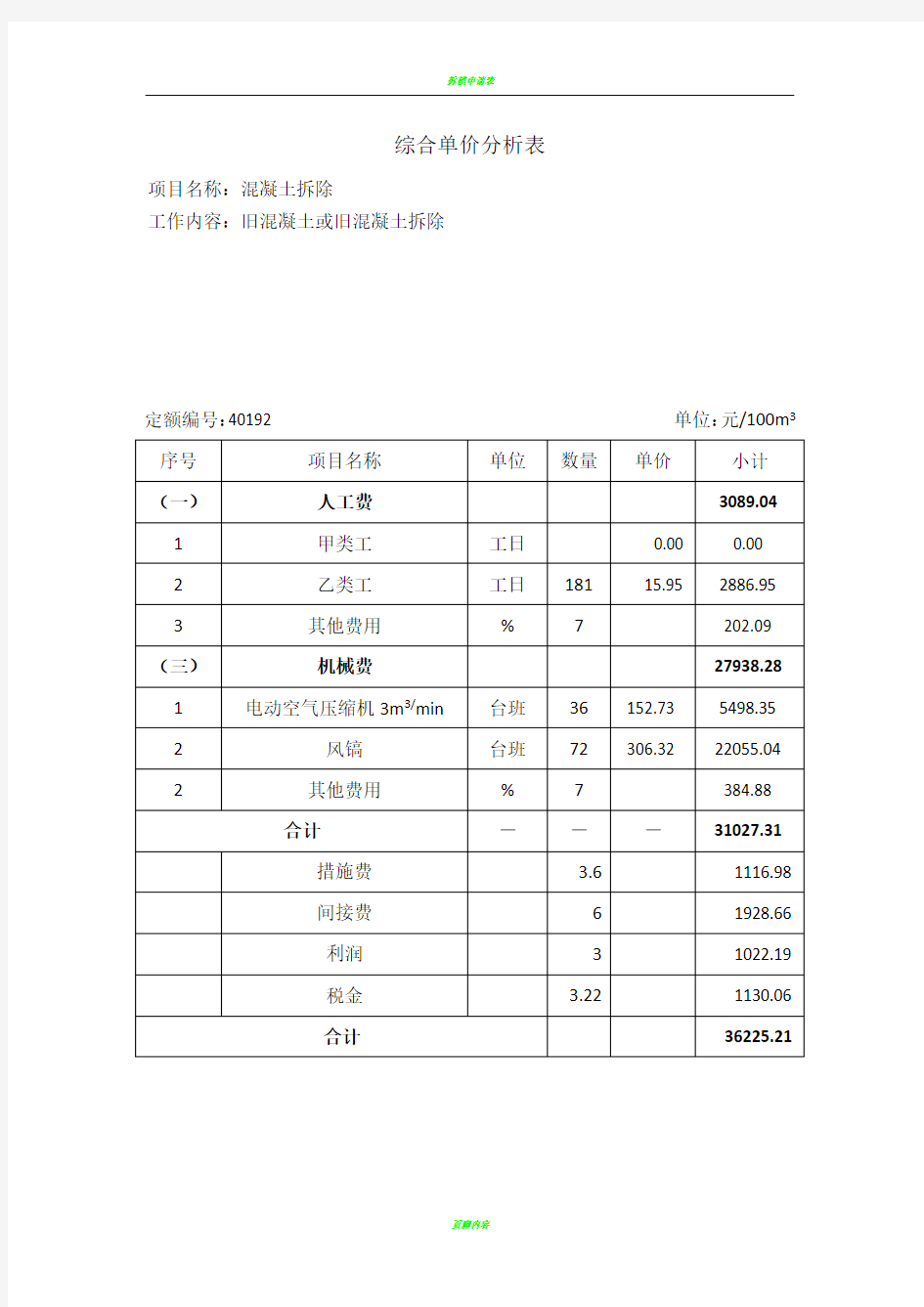 拆除混凝土单价分析表