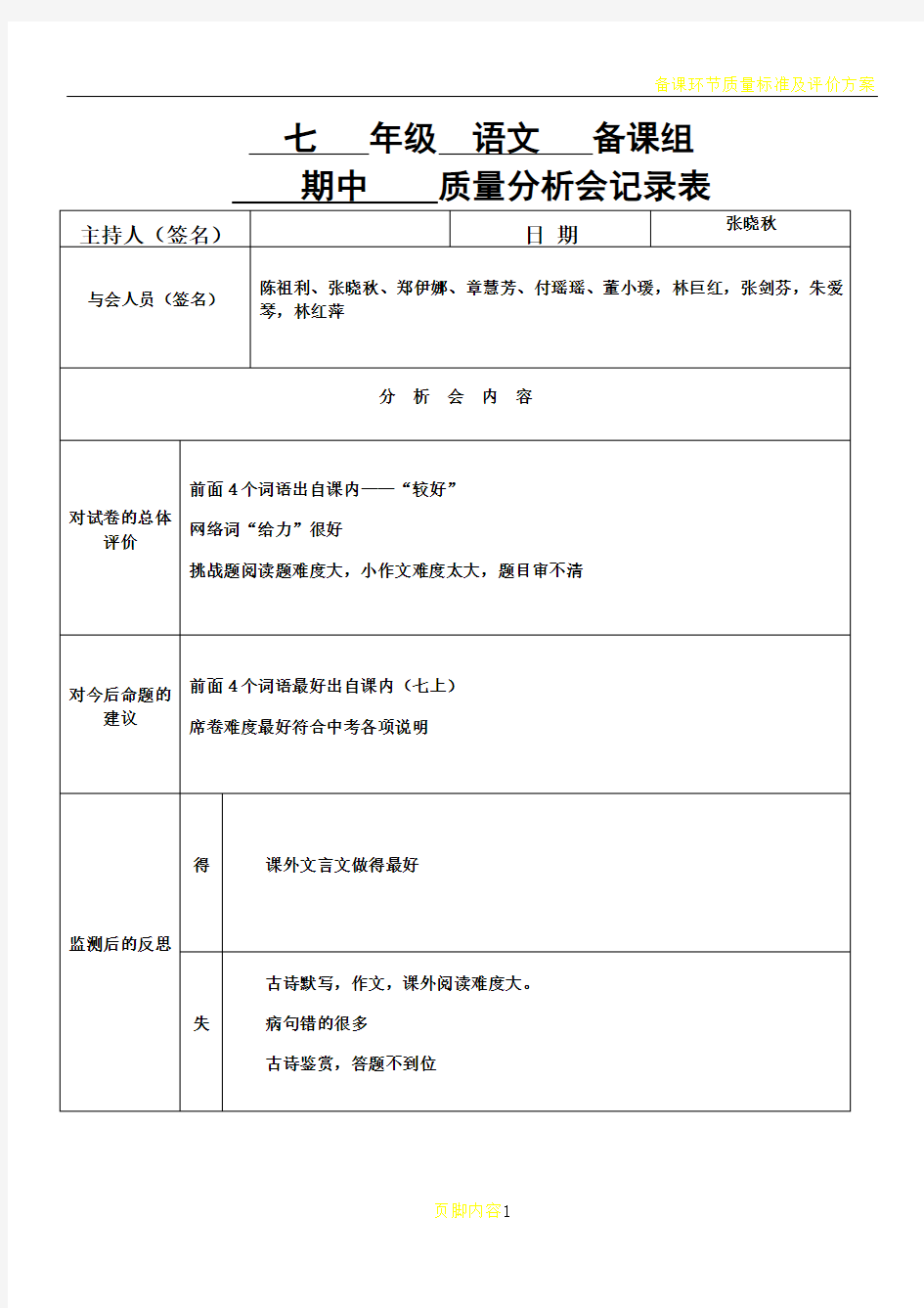 备课组期中考试质量分析会记录表