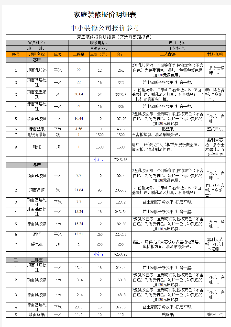 家居装修工程报价清单