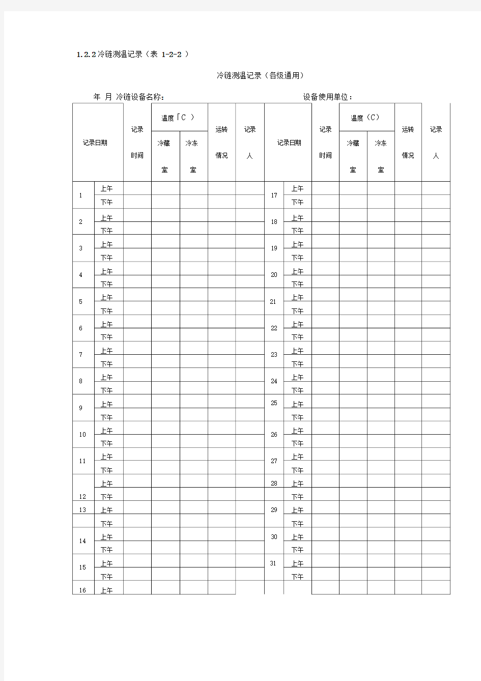 冰箱温度记录表