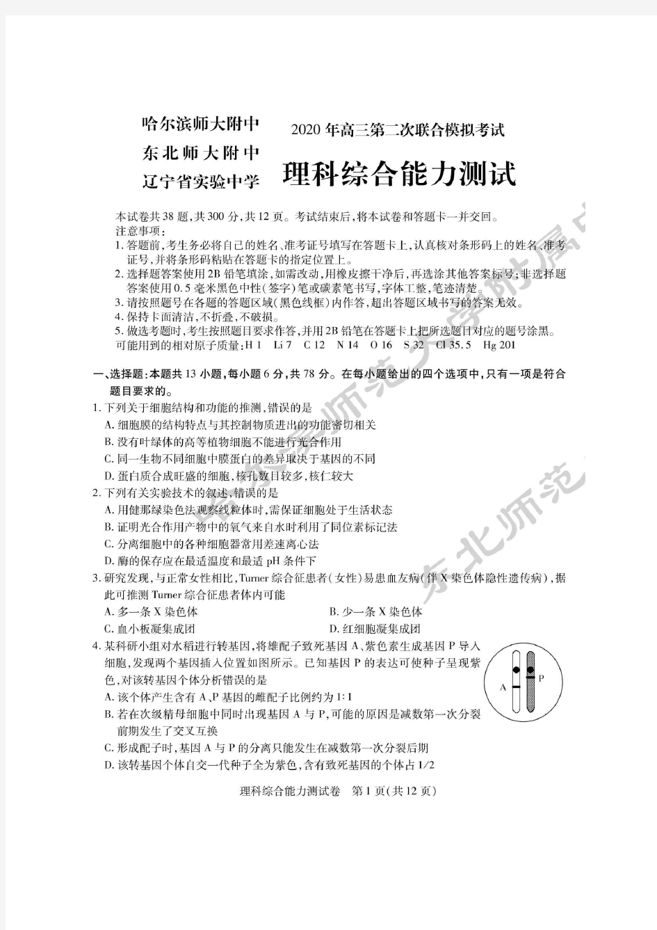 2020理综 东北三省三校二模试卷