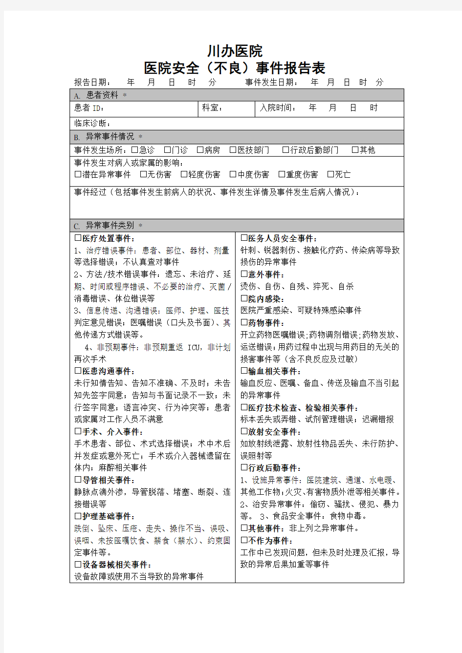 医疗安全不良事件报告表.doc