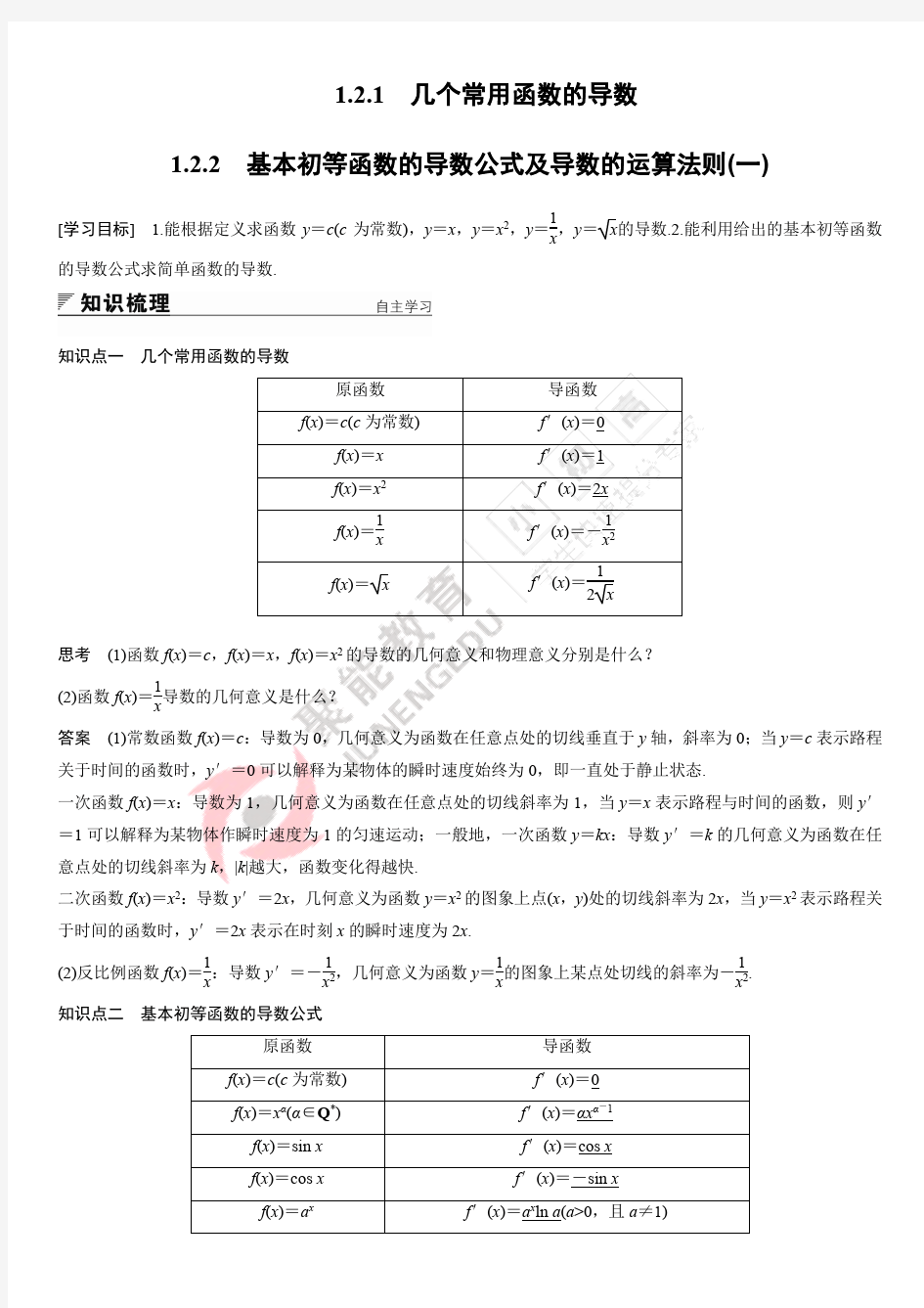 几个常用函数的导数(老师版)