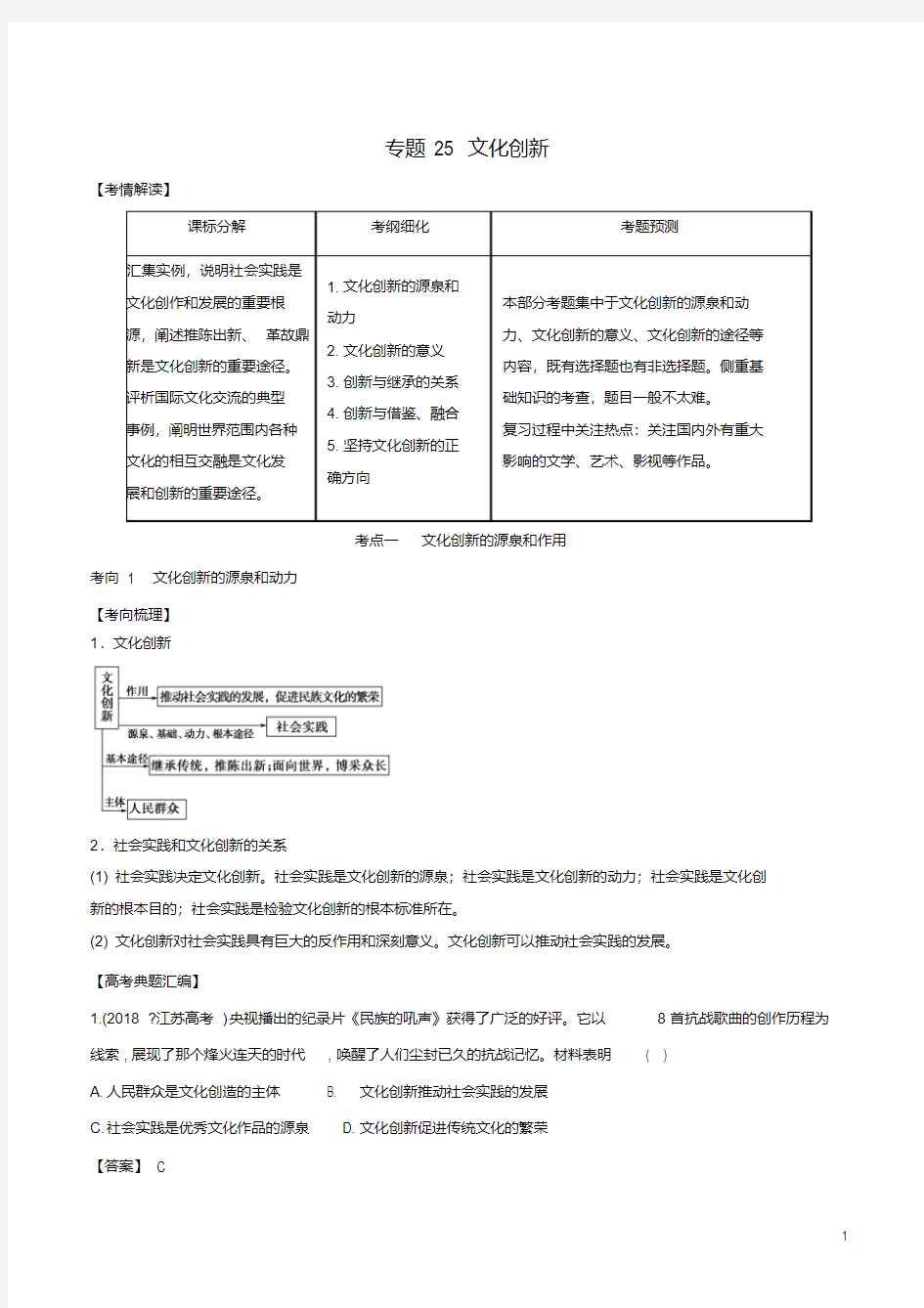 2019年高考政治题典专题25文化创新(含解析)