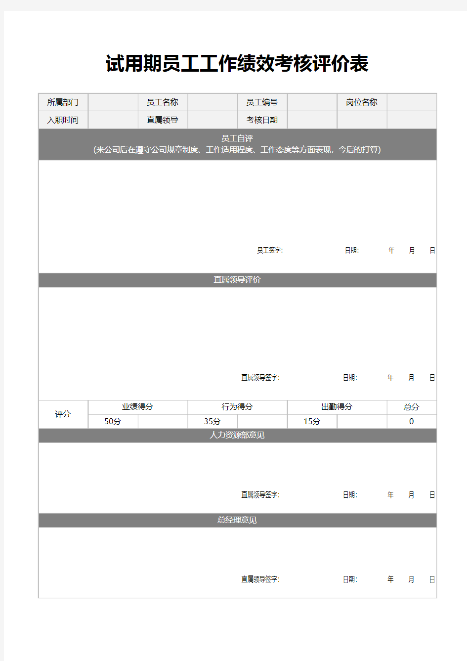 试用期员工工作绩效考核评价表