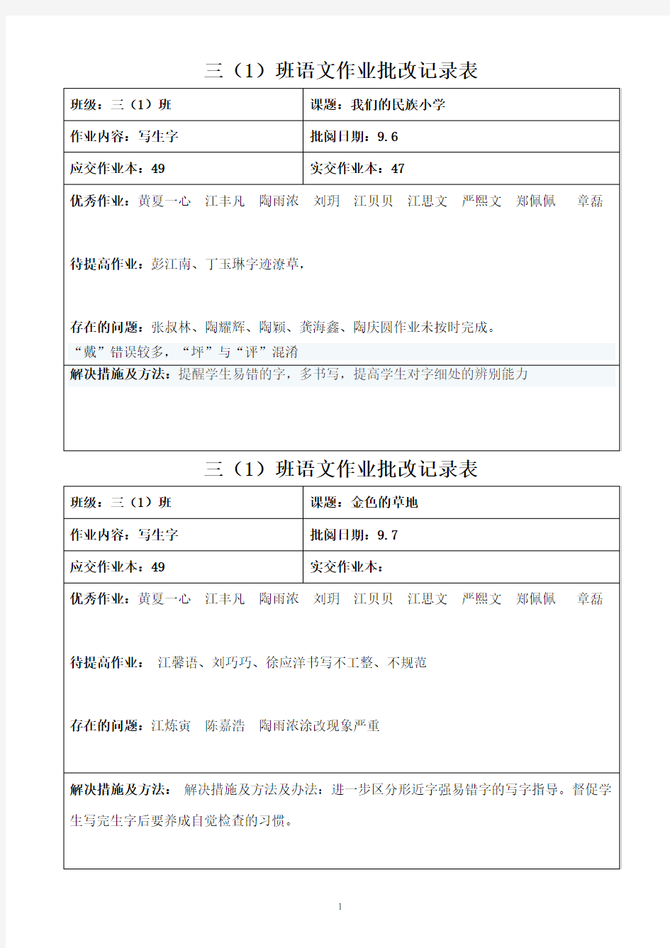 作业批改记录表