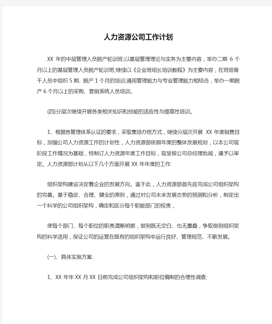 新编整理人力资源公司工作计划