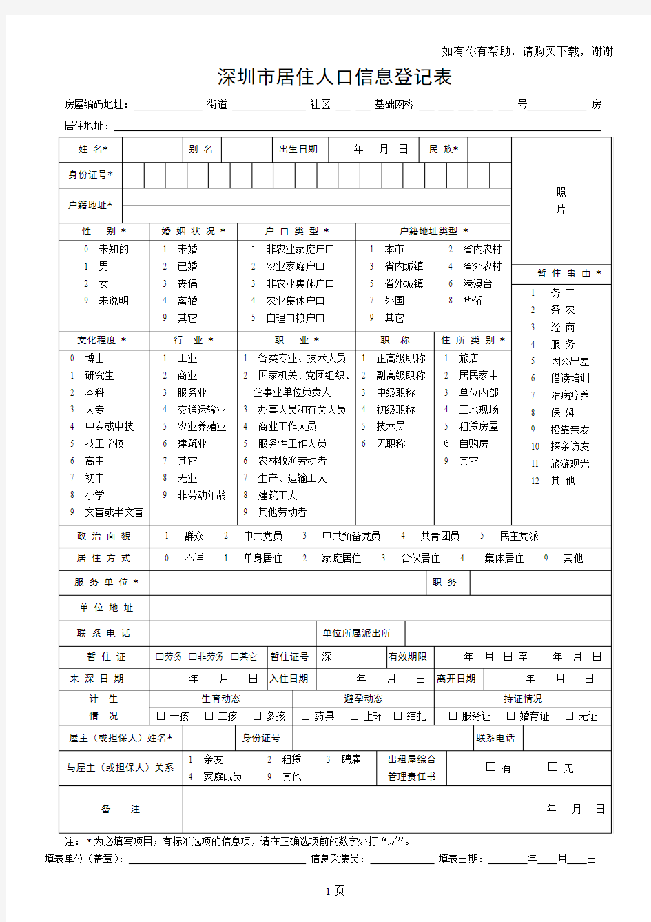 深圳市居住人口信息登记表