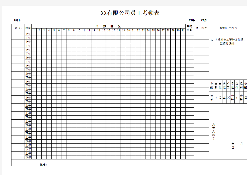 建筑公司最新员工考勤表模板