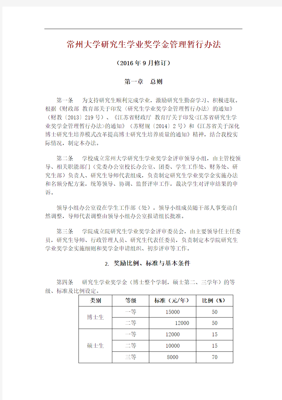 常州大学研究生学业奖学金管理暂行办法