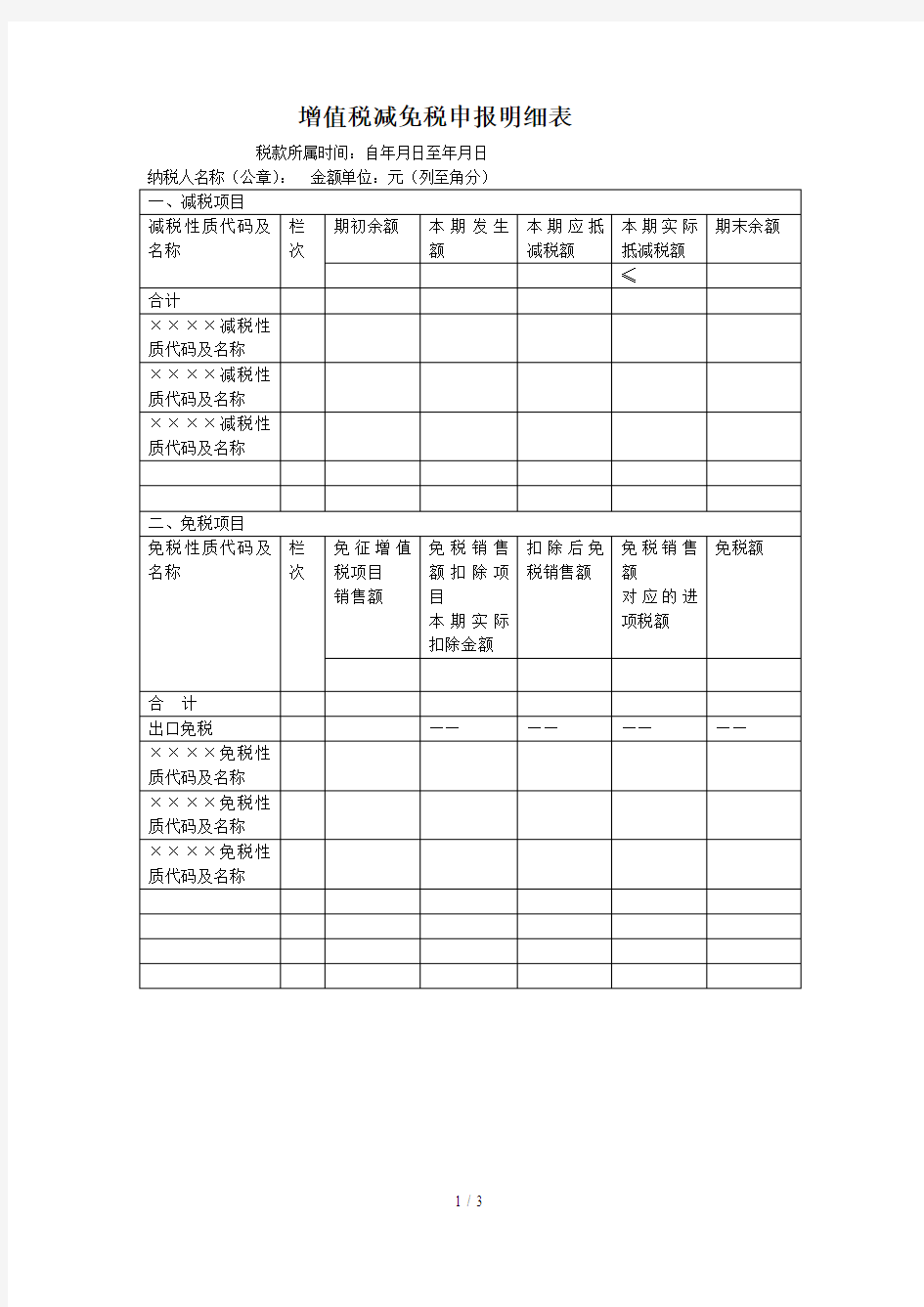 增值税减免税申报明细表