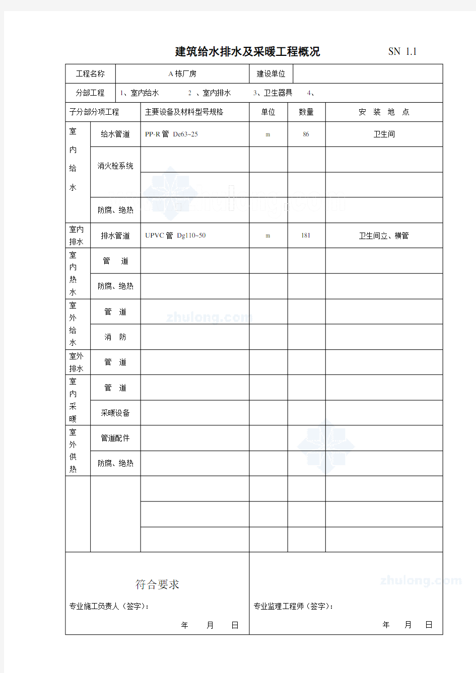 建筑给排水及采暖工程验收资料(全套)