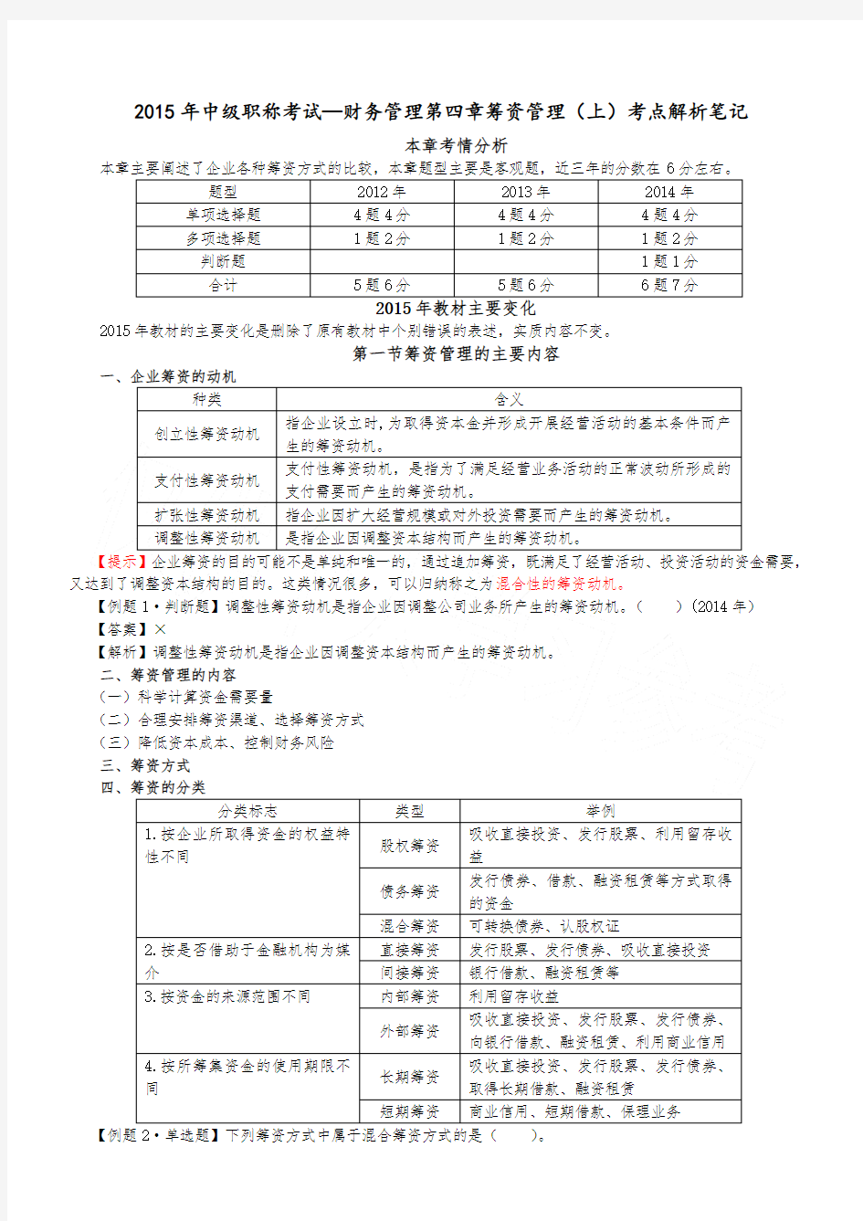 2015年中级职称考试—财务管理第四章筹资管理(上)考点解析笔记