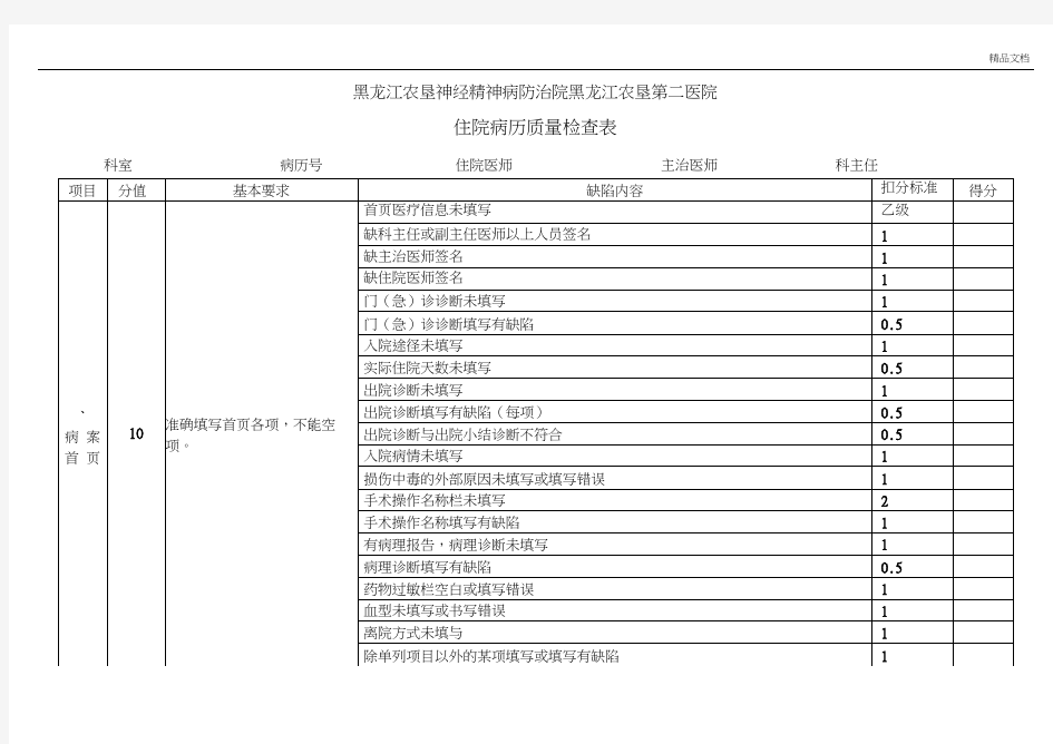 最新修订住院病历质量检查表