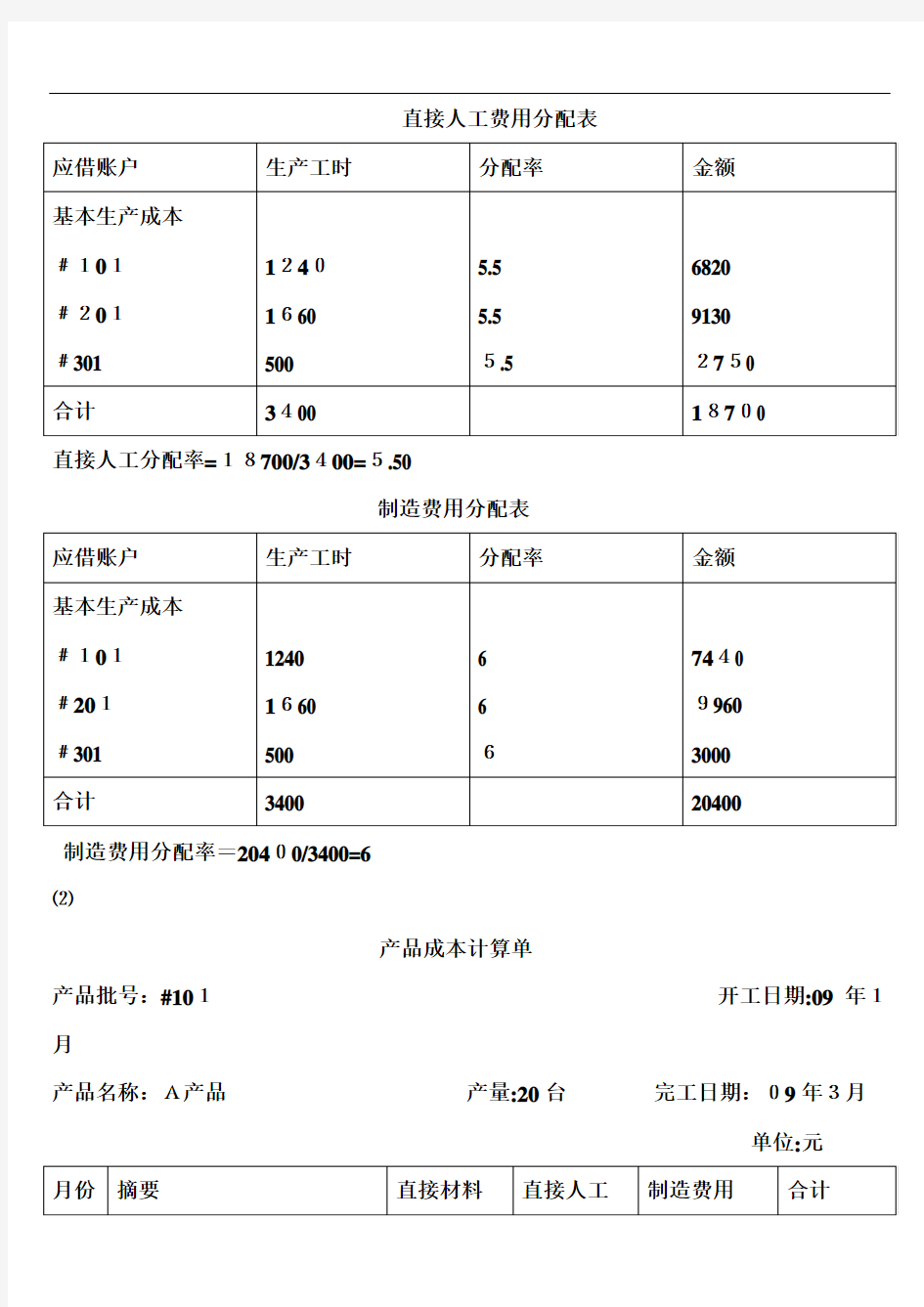 成本管理会计第四章习题参考标准答案