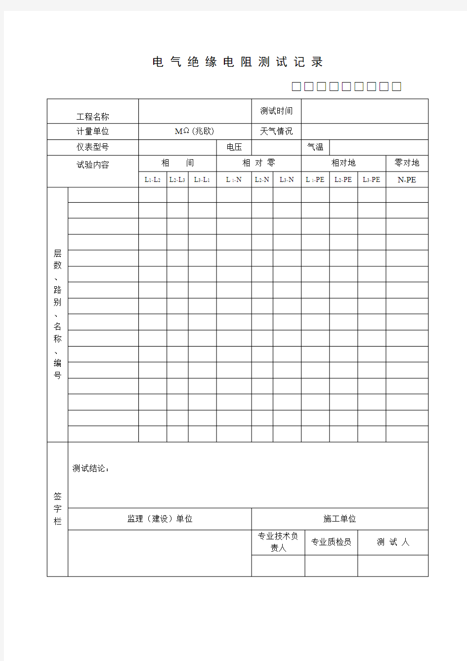 电气绝缘电阻测试记录