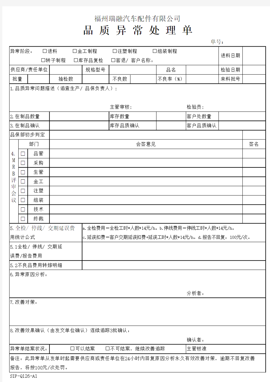 SIP-Q126品质异常处理单(常用)