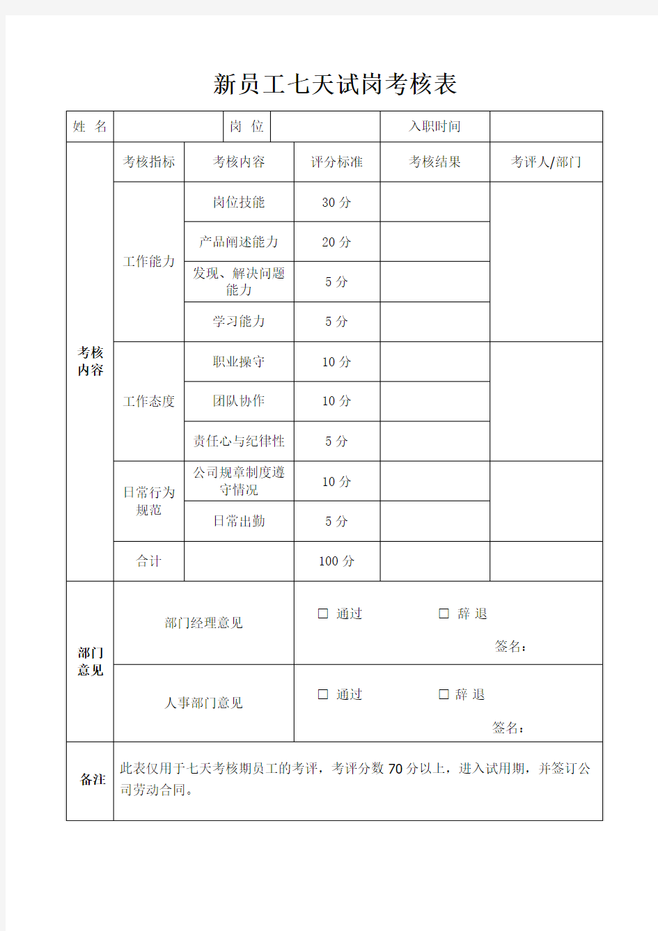 七天试用期考核表