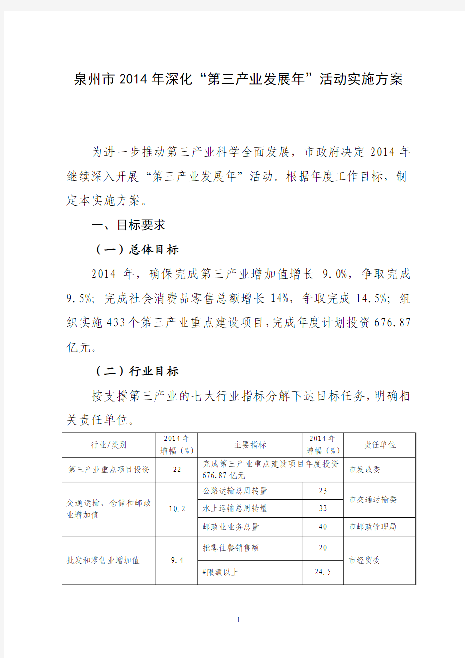 泉州市2014年深化“第三产业发展年”活动实施方案