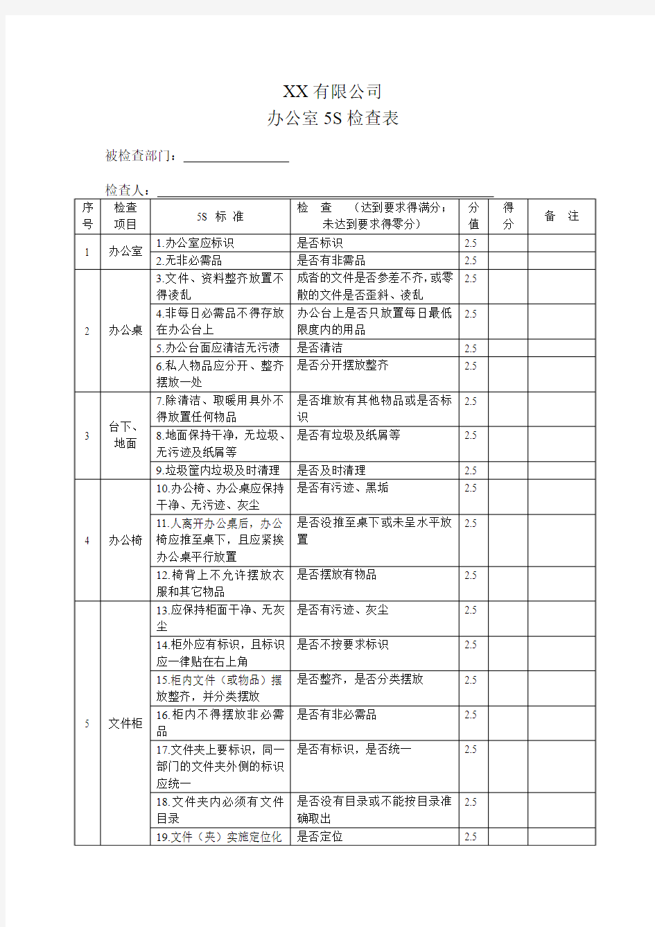 办公室5S检查表模板