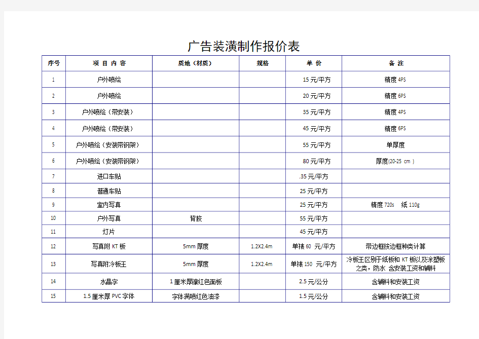 广告制作报价单