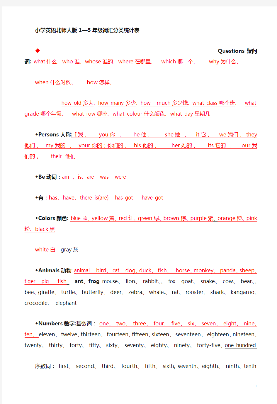 小学英语北师大版词汇分类汇总