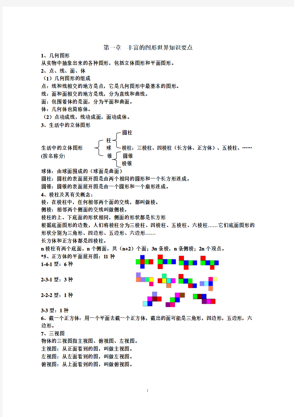 新北师大版七年级上册数学丰富的图形世界知识点总结