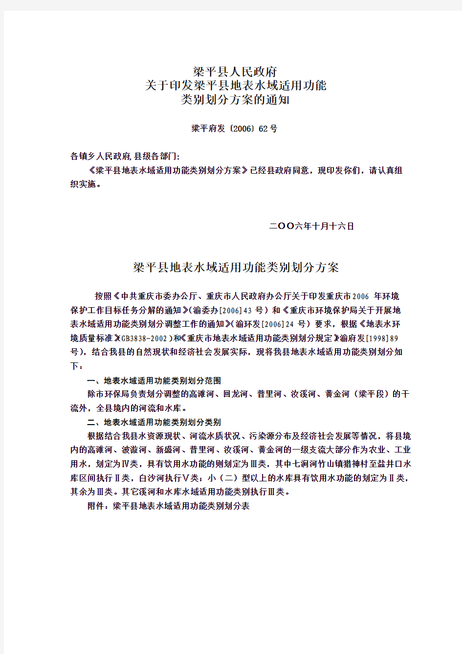 梁平县人民政府关于印发梁平县地表水域适用功能类别划分方案的通知