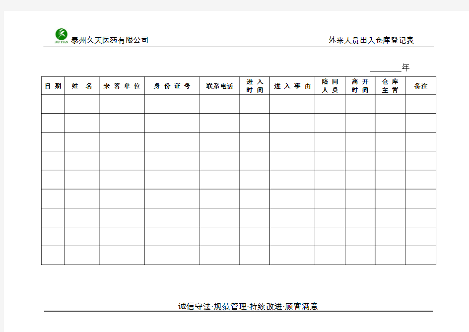 仓库外来人员出入登记表