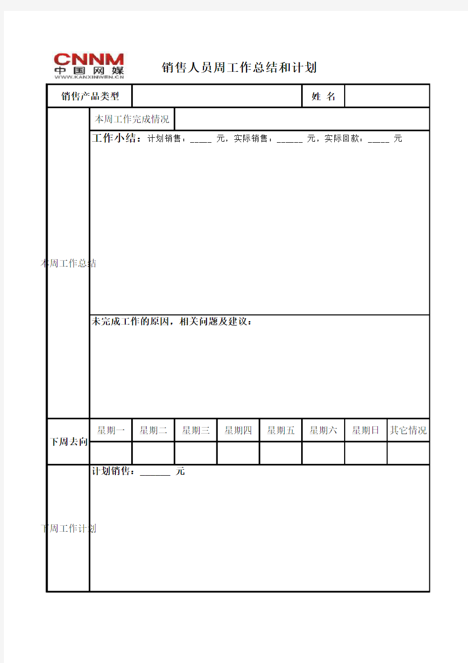 销售人员周工作总结和计划