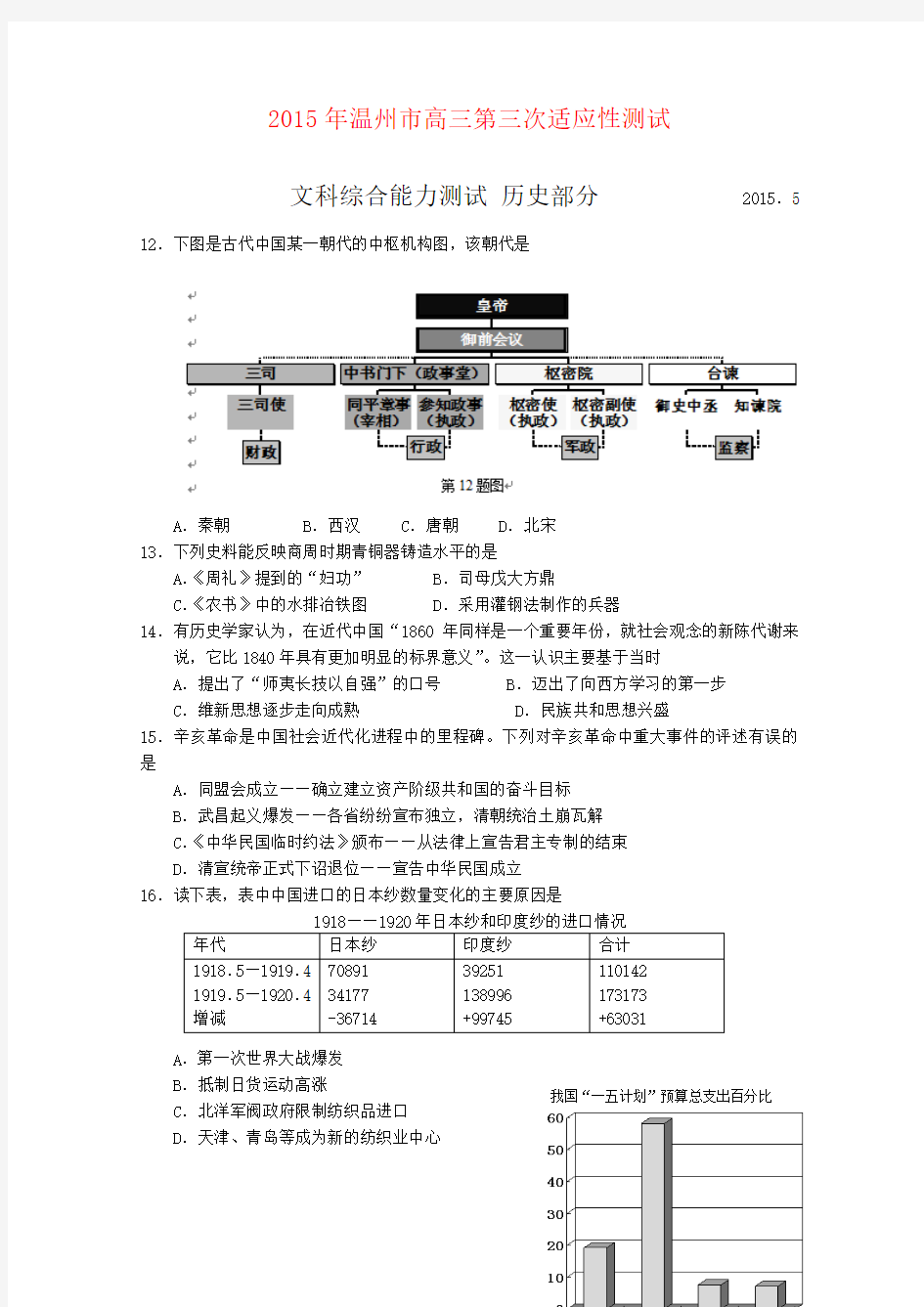 浙江温州市2015届高三第三次适应性测试文综历史试题 (Word版含答案)