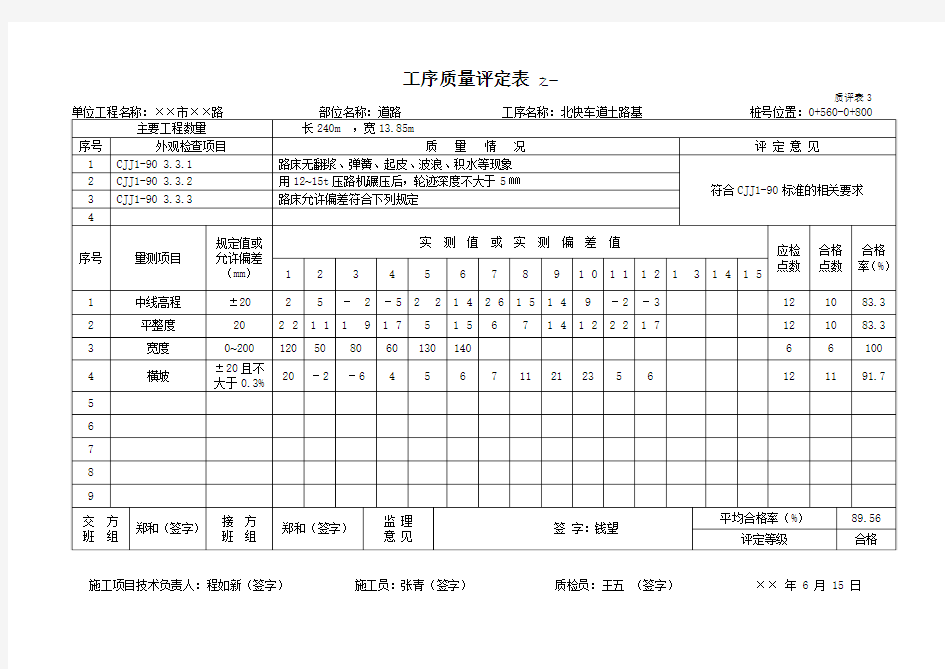 1市政工序质量评定资料表3-填写范例