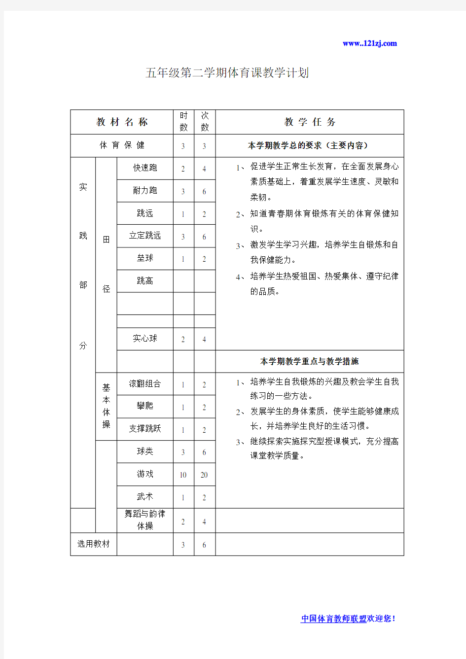 小学五年级体育教案