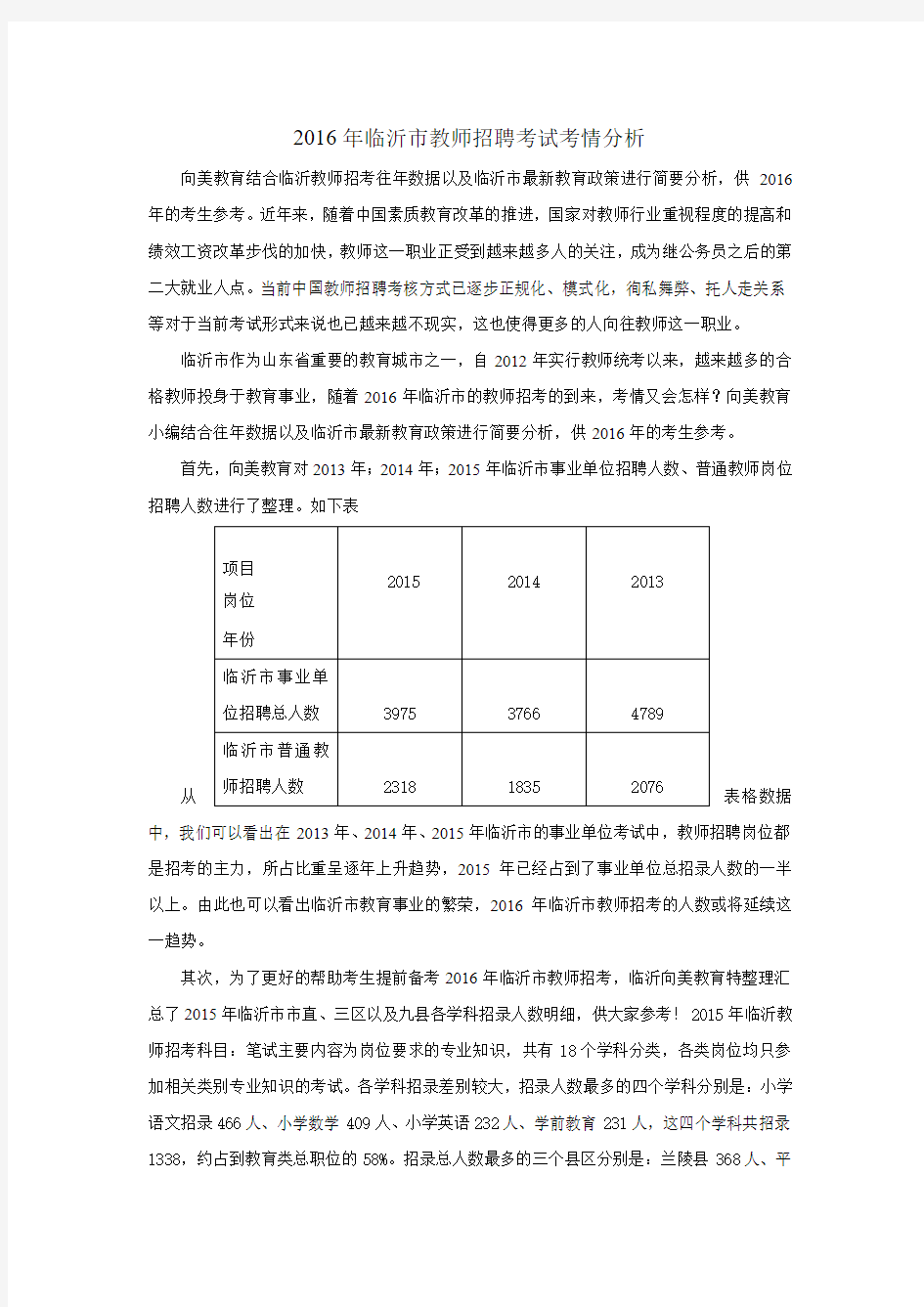 2016年山东临沂市教师招考招聘考试考情分析